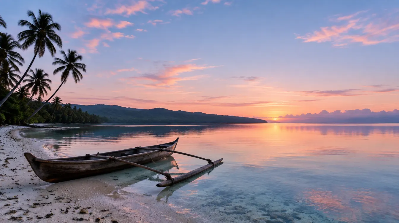 Outrigger canoe on a Solomon Islands beach at dawn